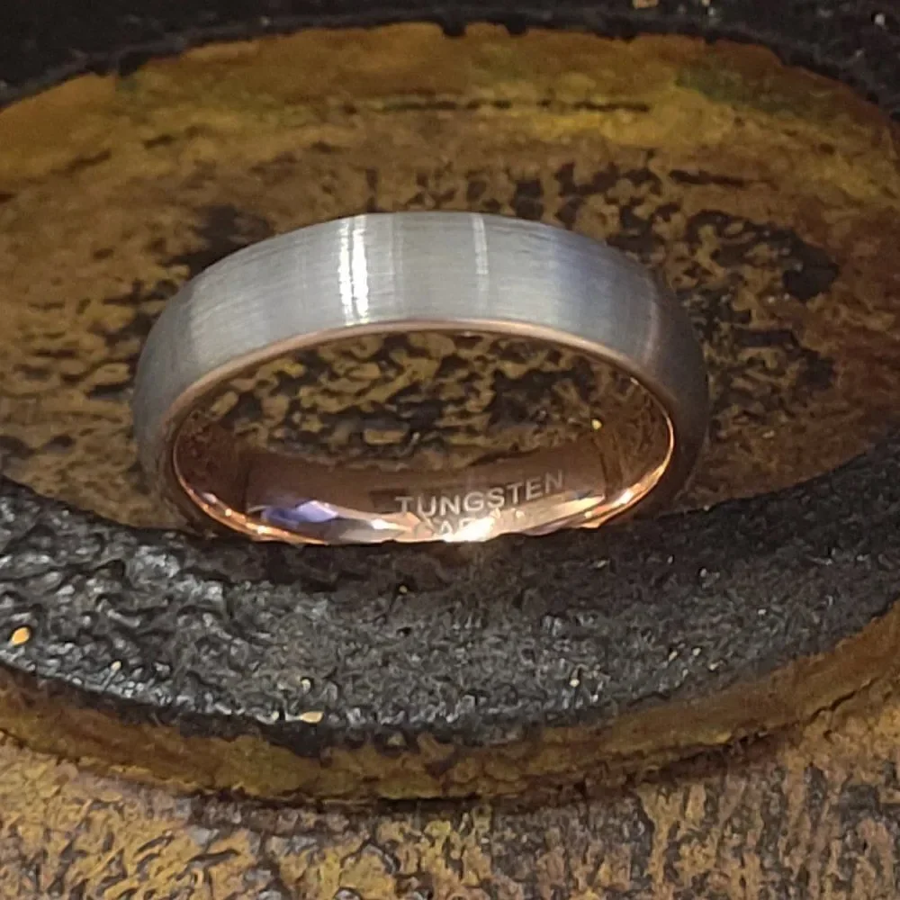 Men's Real Silver and Rose gold Tungsten Wedding Ring - Brushed Steel
